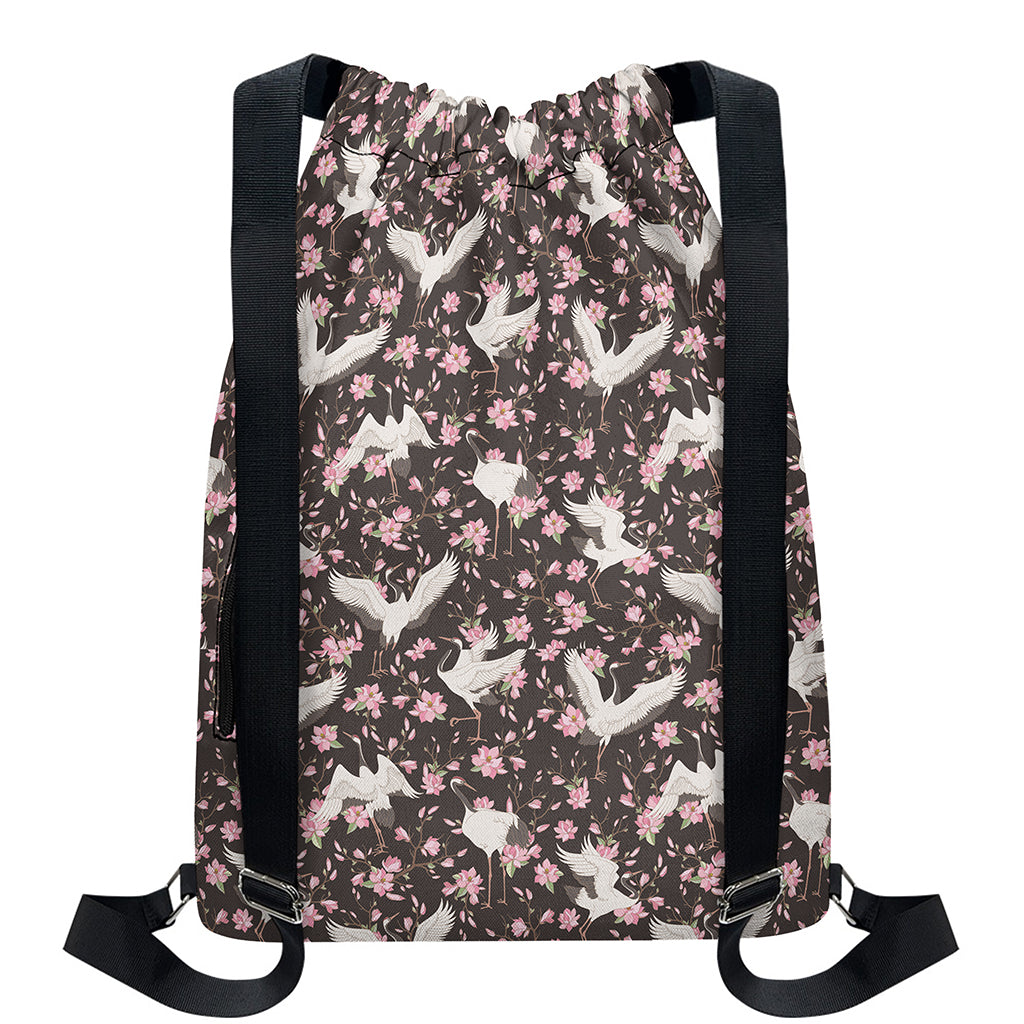 Crane Bird And Flower Pattern Print Drawstring Backpack