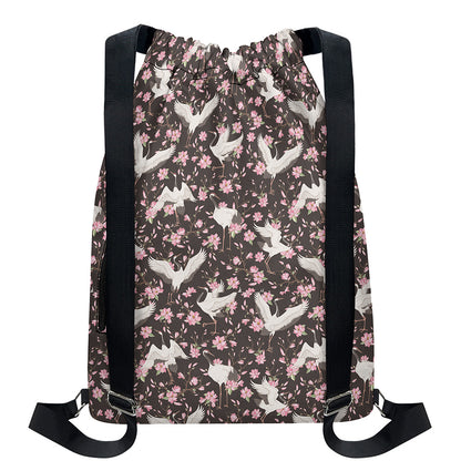 Crane Bird And Flower Pattern Print Drawstring Backpack