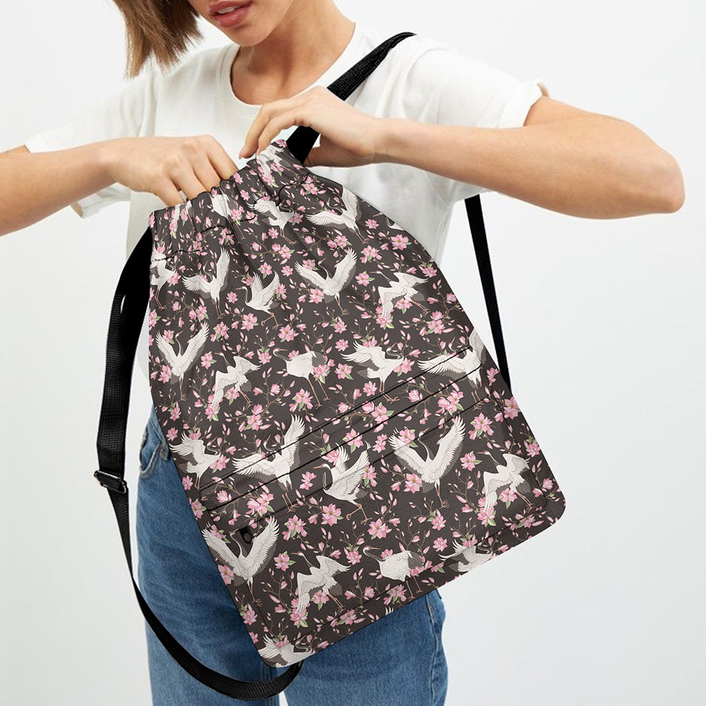 Crane Bird And Flower Pattern Print Drawstring Backpack