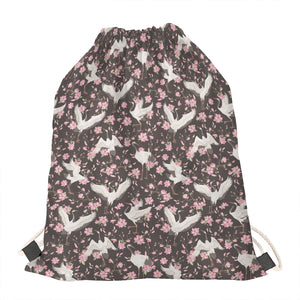 Crane Bird And Flower Pattern Print Drawstring Bag