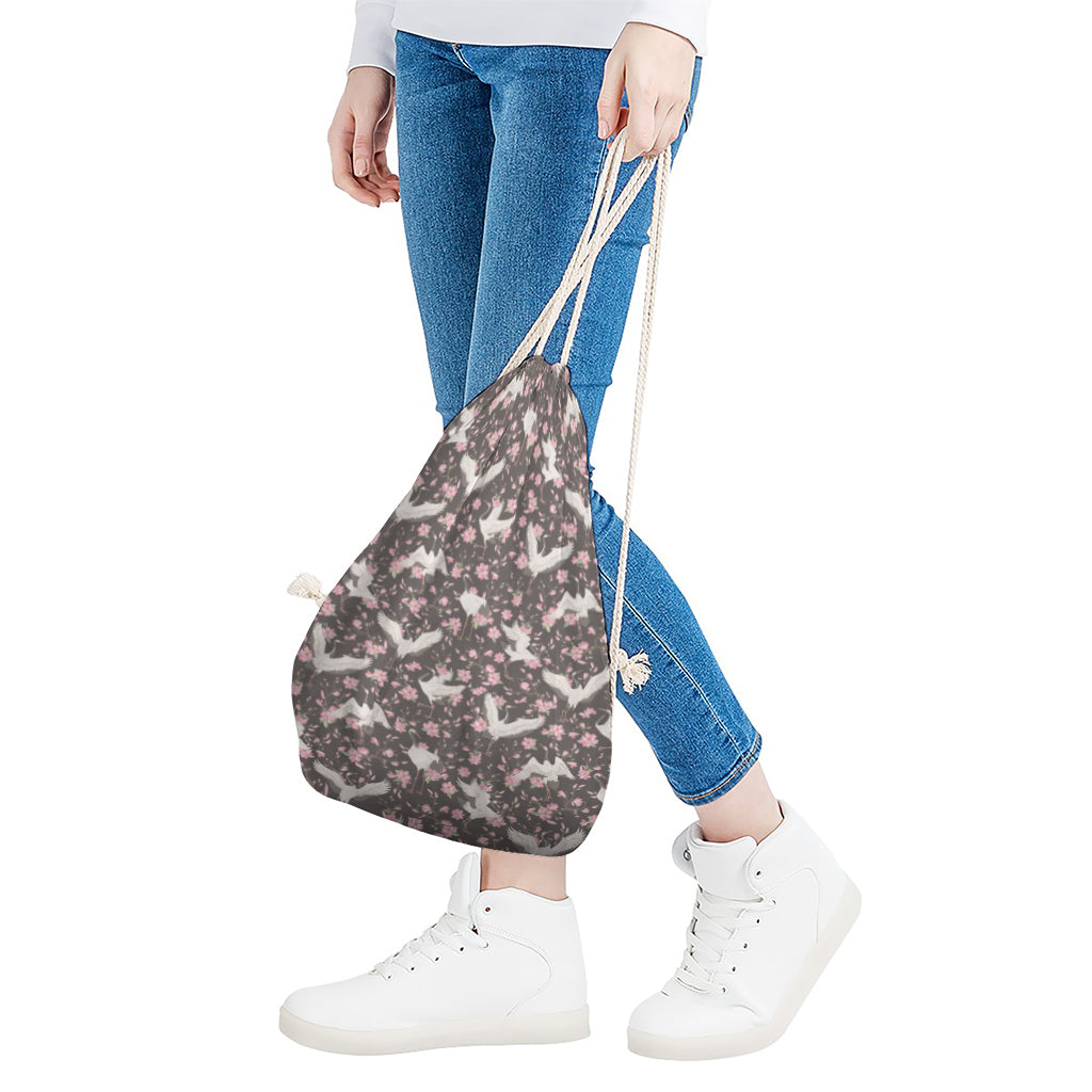 Crane Bird And Flower Pattern Print Drawstring Bag