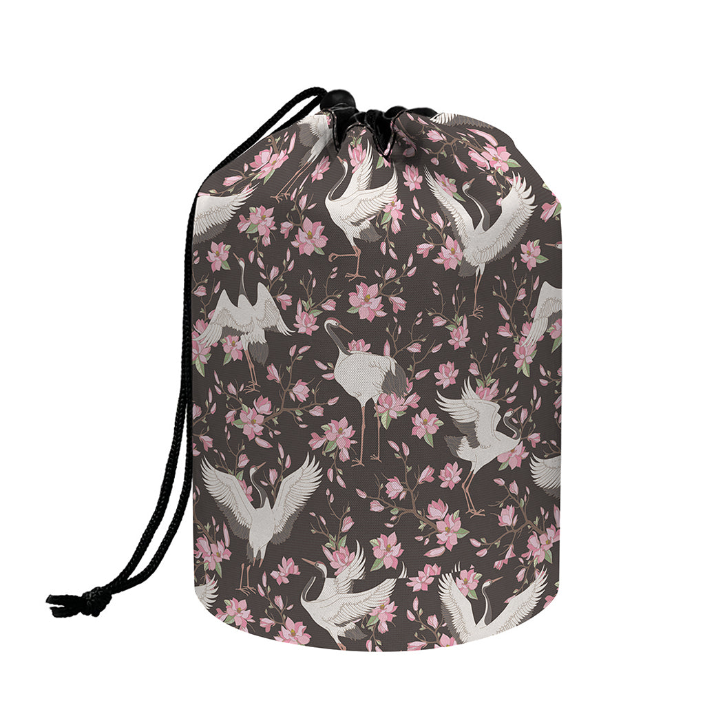 Crane Bird And Flower Pattern Print Drawstring Makeup Bag