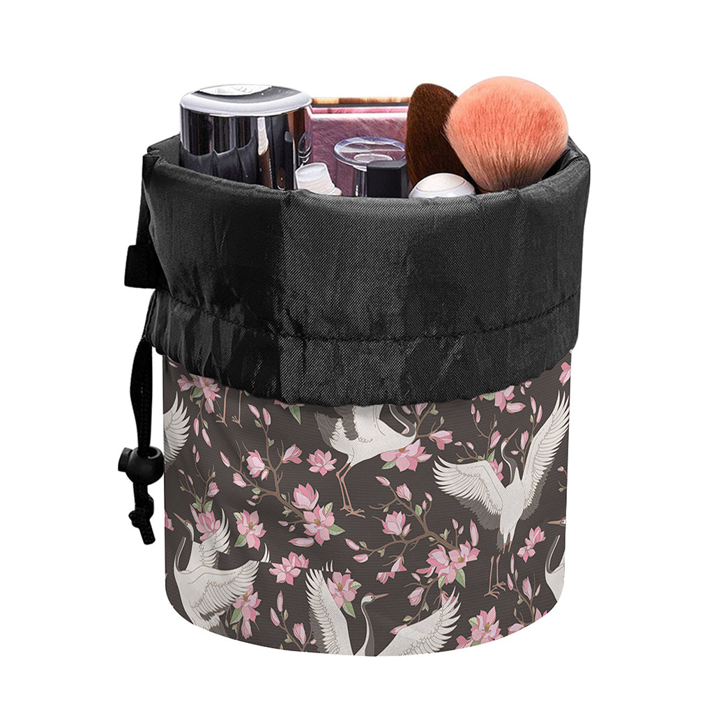 Crane Bird And Flower Pattern Print Drawstring Makeup Bag