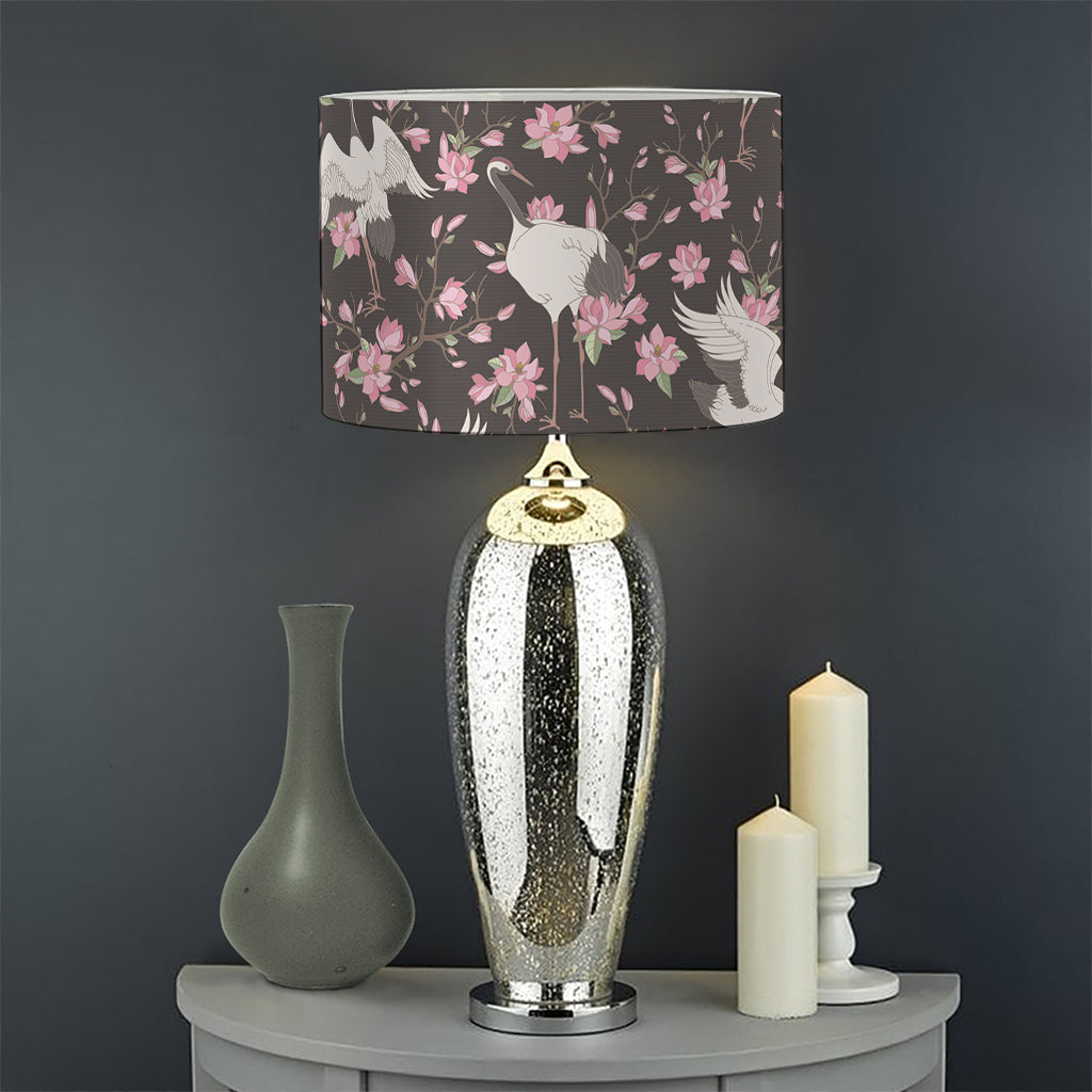 Crane Bird And Flower Pattern Print Drum Lamp Shade