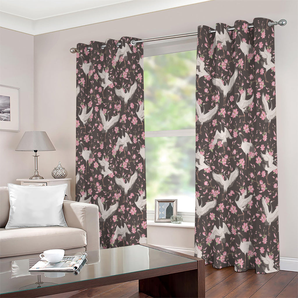 Crane Bird And Flower Pattern Print Extra Wide Grommet Curtains