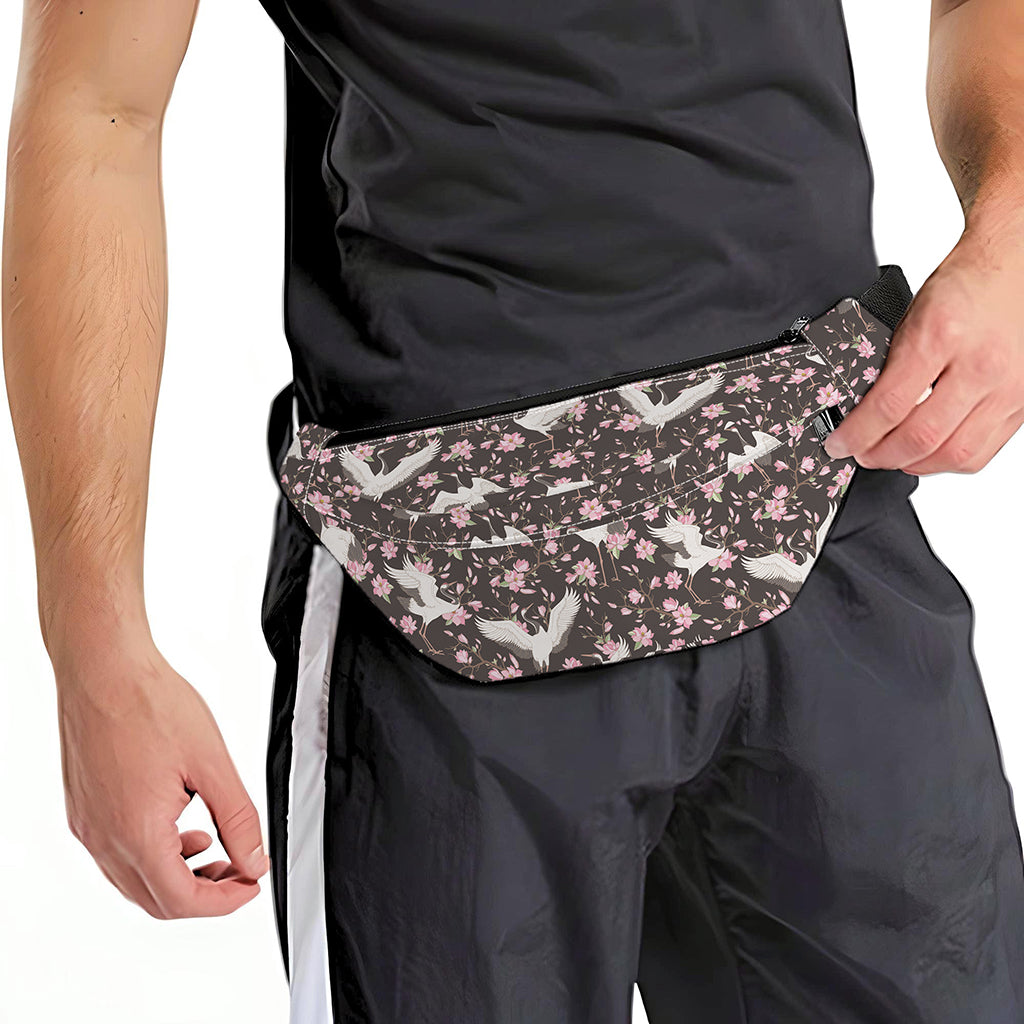 Crane Bird And Flower Pattern Print Fanny Pack