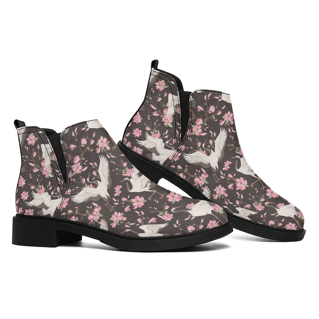 Crane Bird And Flower Pattern Print Flat Ankle Boots