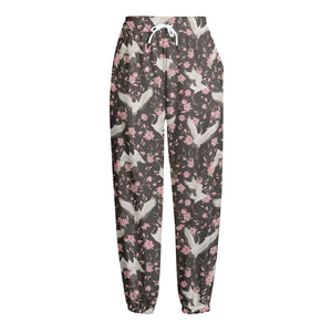 Crane Bird And Flower Pattern Print Fleece Lined Knit Pants