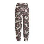 Crane Bird And Flower Pattern Print Fleece Lined Knit Pants