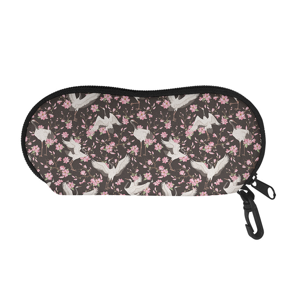 Crane Bird And Flower Pattern Print Glasses Case