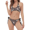 Crane Bird And Flower Pattern Print Halter Scoop Tie Side Bikini