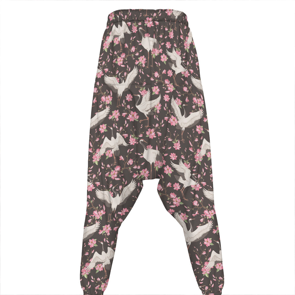 Crane Bird And Flower Pattern Print Hammer Pants