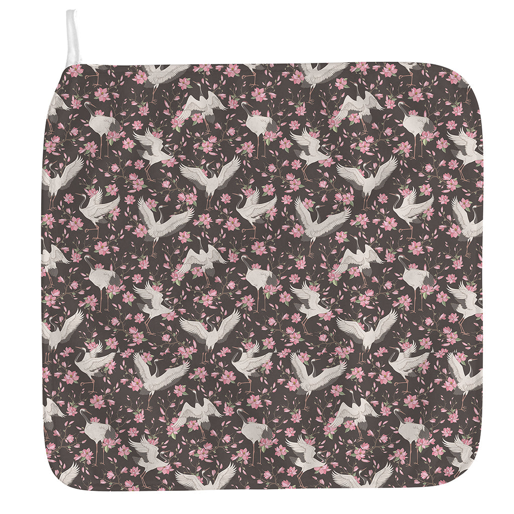 Crane Bird And Flower Pattern Print Hand Towel
