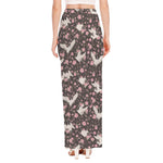 Crane Bird And Flower Pattern Print High Slit Maxi Skirt