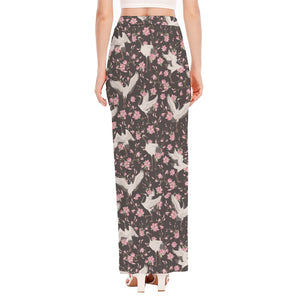 Crane Bird And Flower Pattern Print High Slit Maxi Skirt