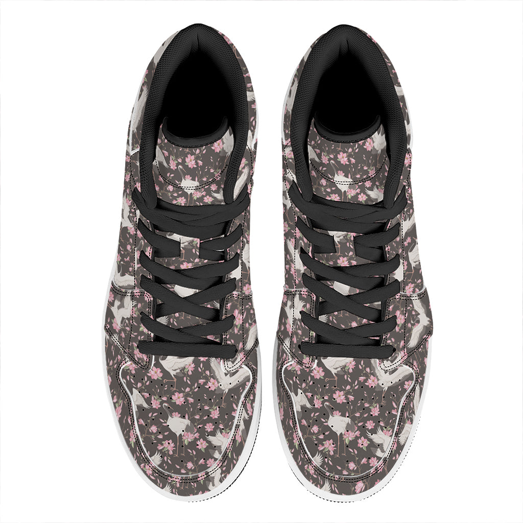 Crane Bird And Flower Pattern Print High Top Leather Sneakers