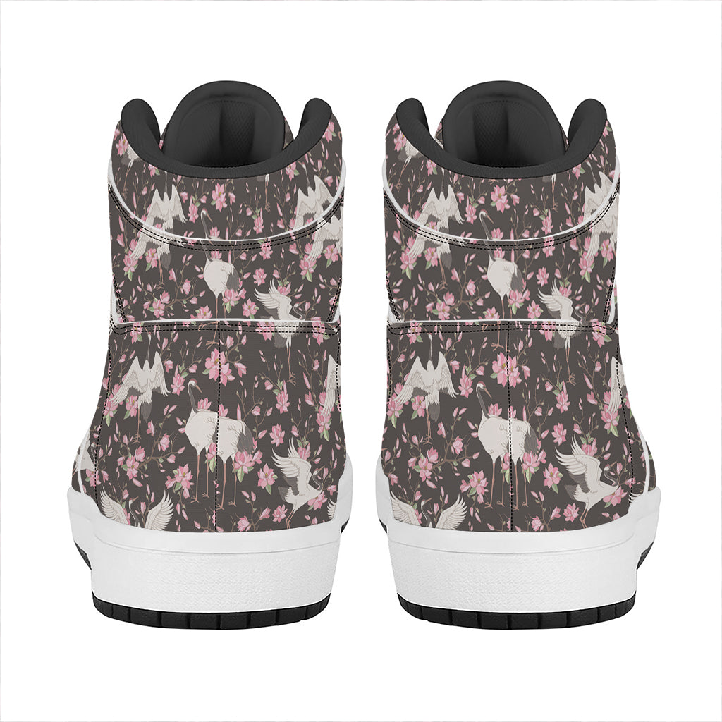 Crane Bird And Flower Pattern Print High Top Leather Sneakers