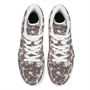 Crane Bird And Flower Pattern Print High Top Leather Sneakers