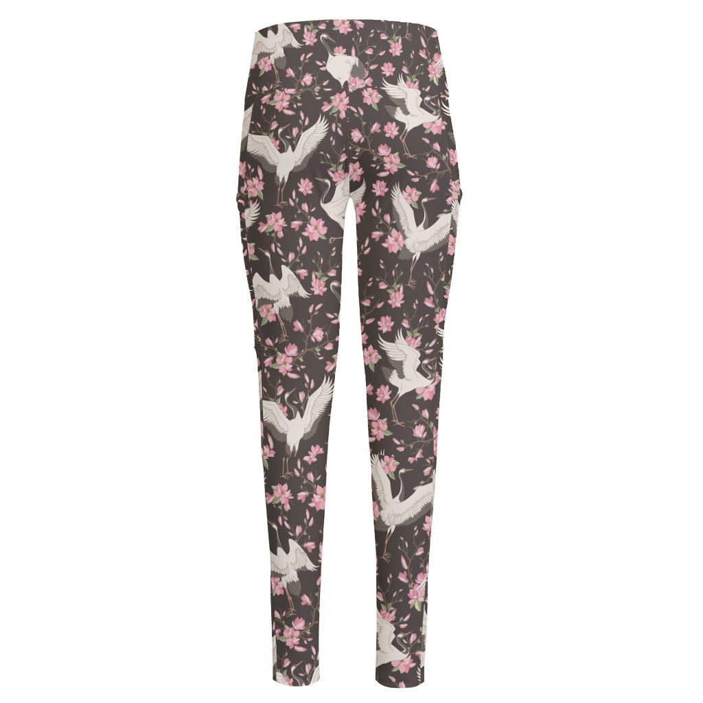 Crane Bird And Flower Pattern Print High-Waisted Pocket Leggings