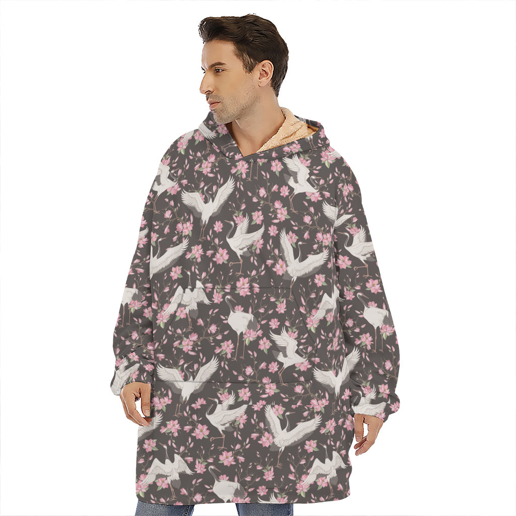 Crane Bird And Flower Pattern Print Hoodie Blanket