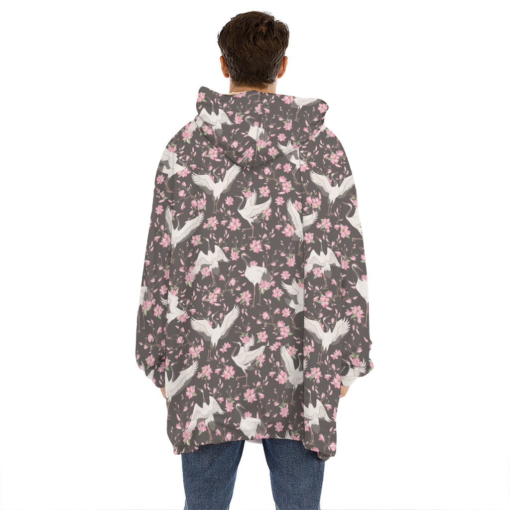 Crane Bird And Flower Pattern Print Hoodie Blanket