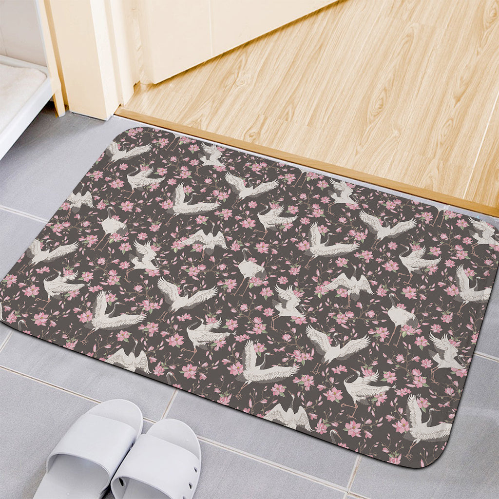 Crane Bird And Flower Pattern Print Indoor Door Mat