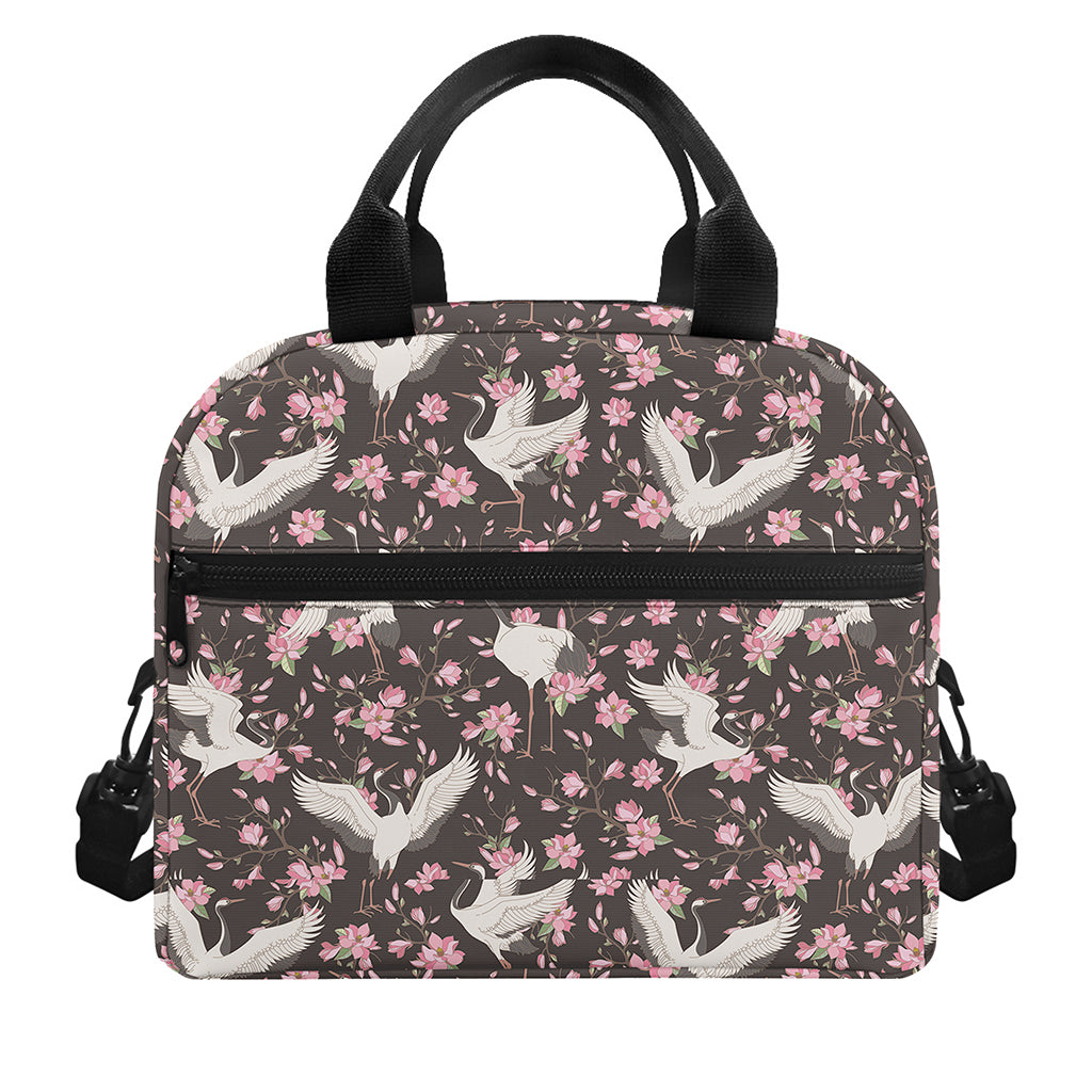 Crane Bird And Flower Pattern Print Insulated Lunch Bag