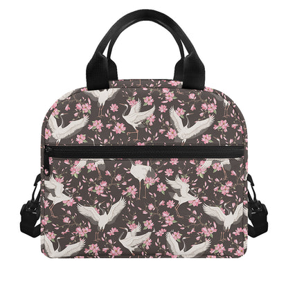 Crane Bird And Flower Pattern Print Insulated Lunch Bag