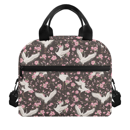 Crane Bird And Flower Pattern Print Insulated Lunch Bag