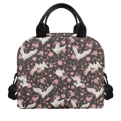 Crane Bird And Flower Pattern Print Insulated Lunch Bag