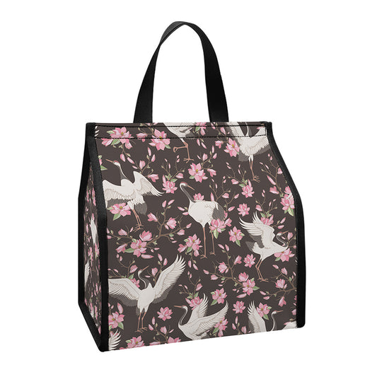 Crane Bird And Flower Pattern Print Insulated Lunch Tote