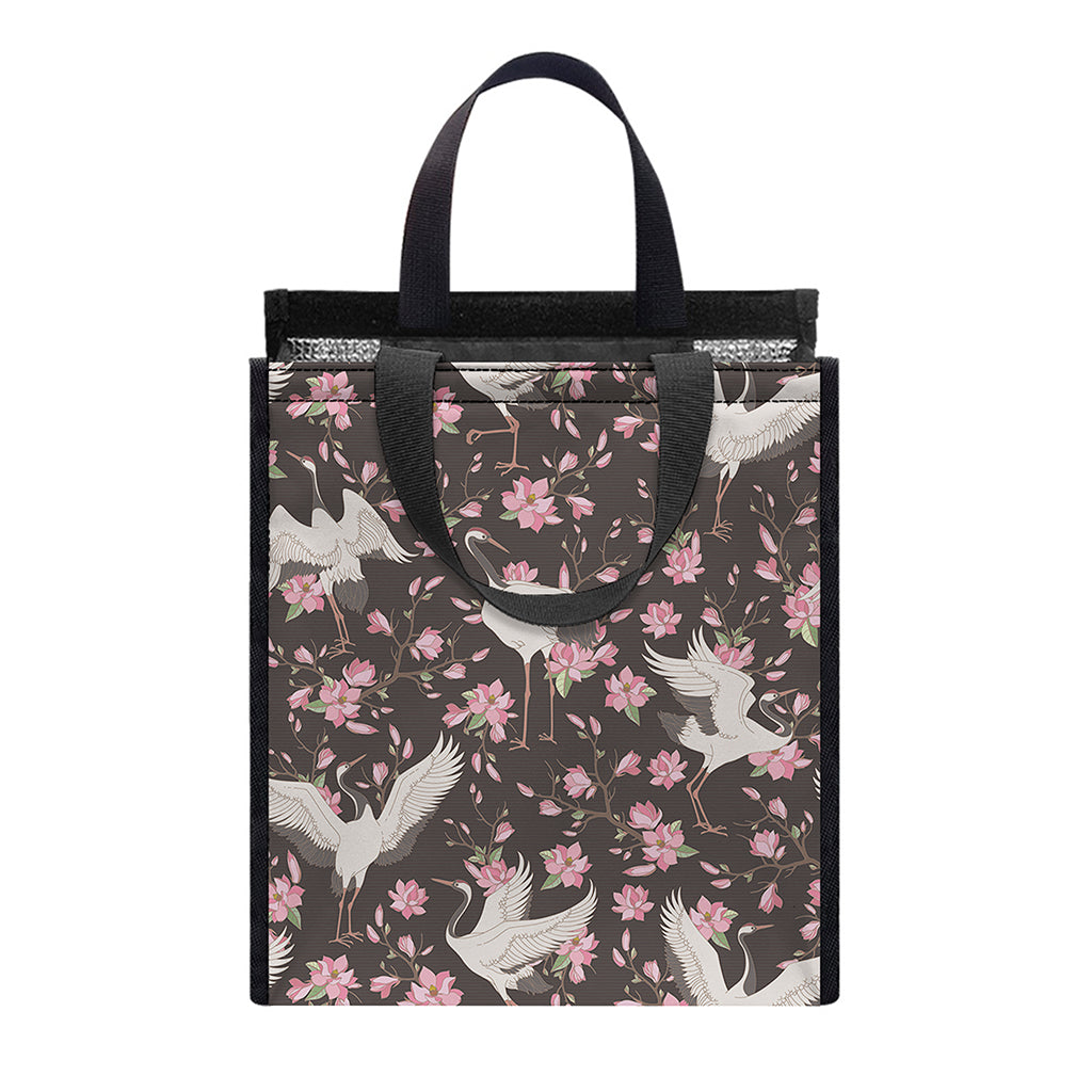 Crane Bird And Flower Pattern Print Insulated Lunch Tote