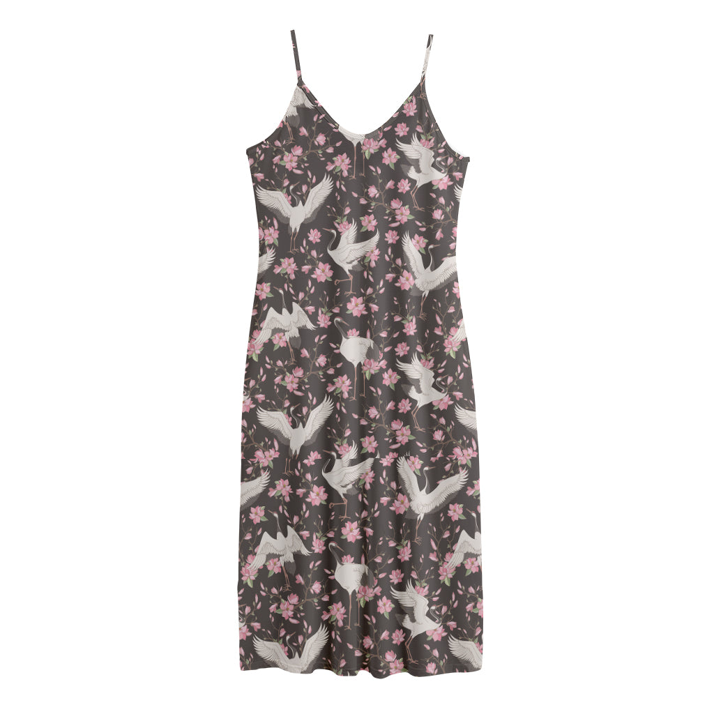 Crane Bird And Flower Pattern Print Jersey Midi Cami Dress