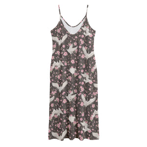 Crane Bird And Flower Pattern Print Jersey Midi Cami Dress