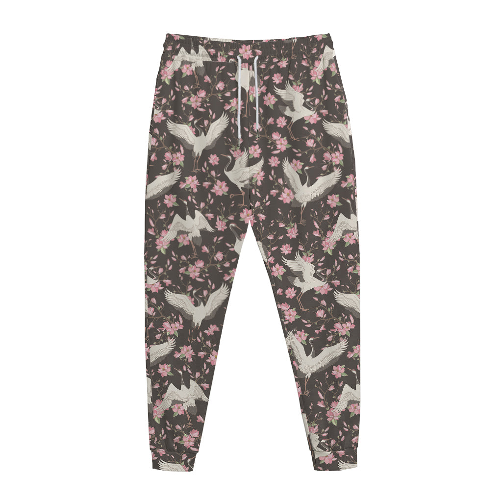 Crane Bird And Flower Pattern Print Jogger Pants