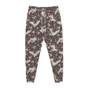 Crane Bird And Flower Pattern Print Jogger Pants