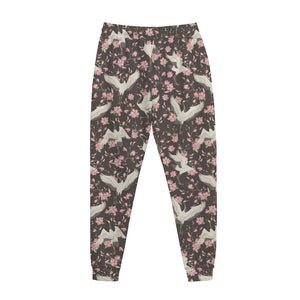 Crane Bird And Flower Pattern Print Jogger Pants