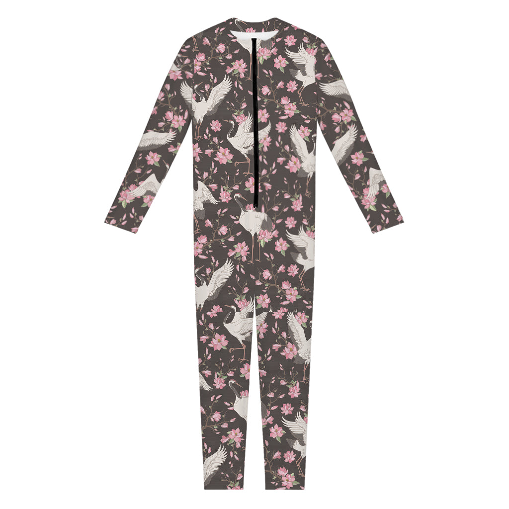 Crane Bird And Flower Pattern Print Jumpsuit