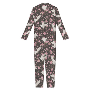 Crane Bird And Flower Pattern Print Jumpsuit