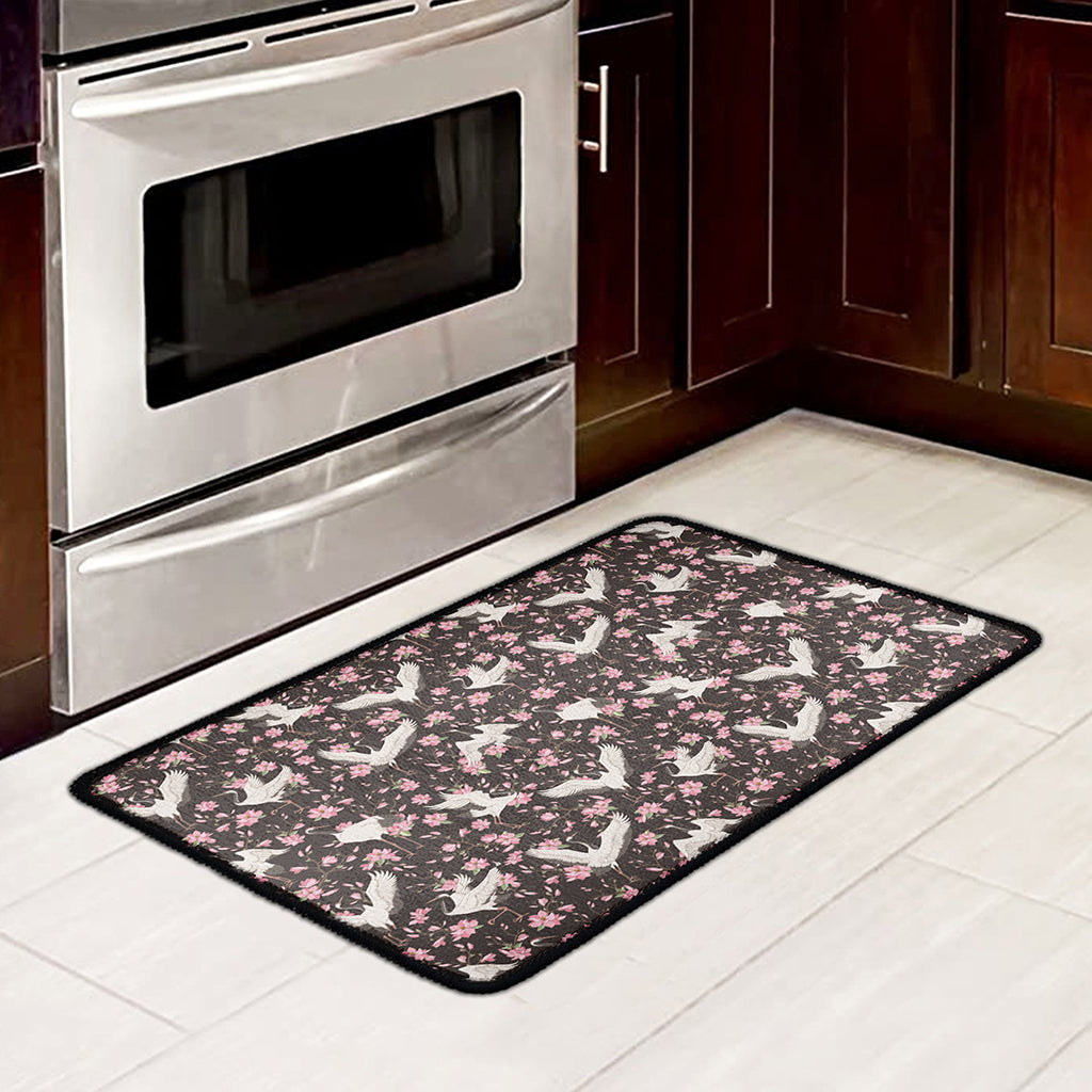 Crane Bird And Flower Pattern Print Kitchen Mat