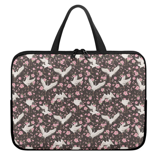 Crane Bird And Flower Pattern Print Laptop Sleeve With Handle