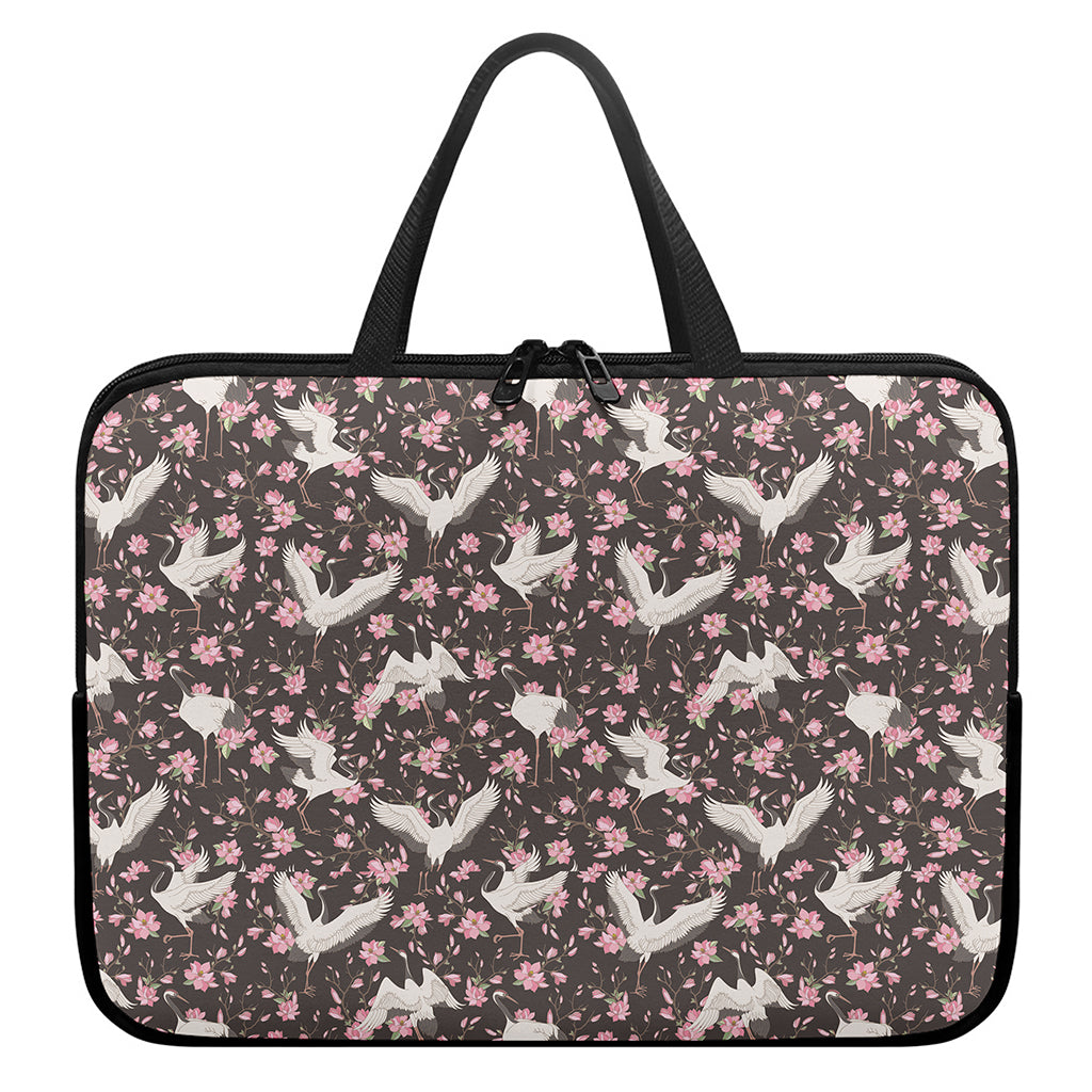 Crane Bird And Flower Pattern Print Laptop Sleeve With Handle