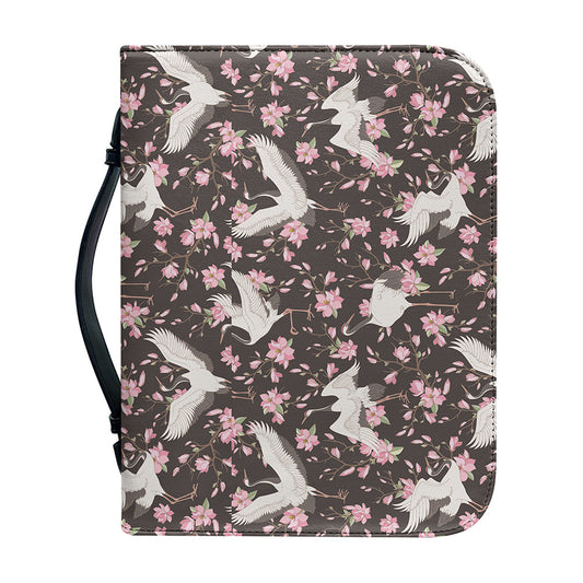 Crane Bird And Flower Pattern Print Leather Bible Cover