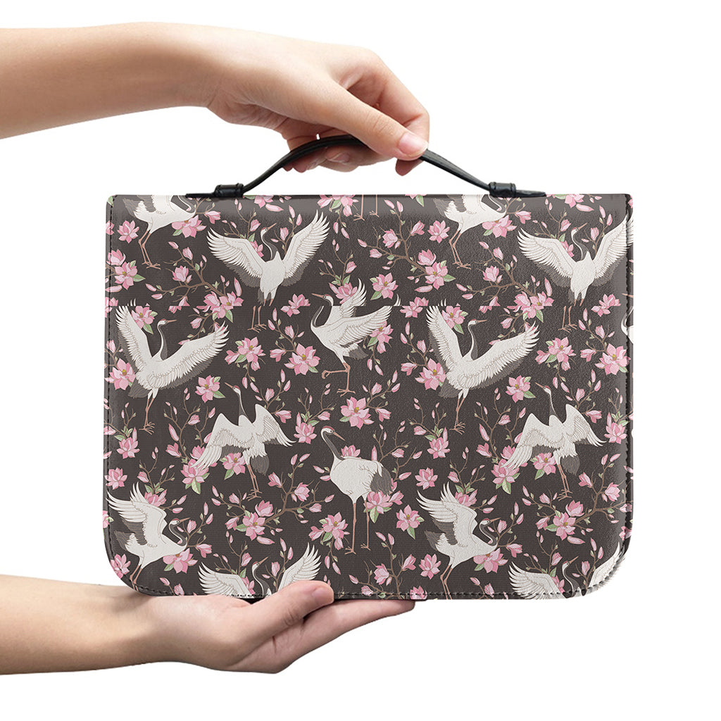 Crane Bird And Flower Pattern Print Leather Bible Cover