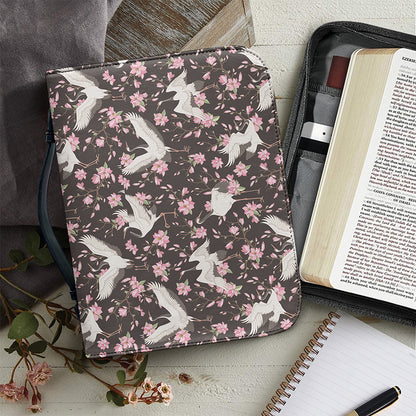 Crane Bird And Flower Pattern Print Leather Bible Cover