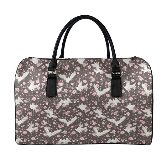 Crane Bird And Flower Pattern Print Leather Duffle Bag