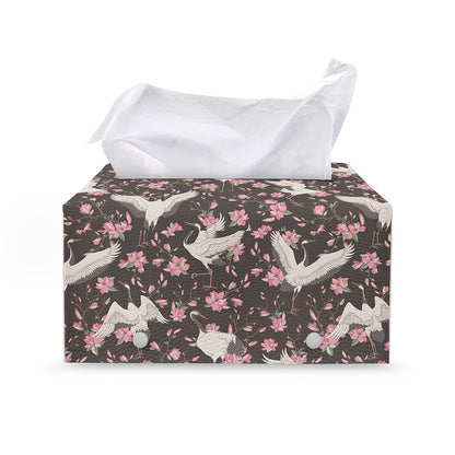 Crane Bird And Flower Pattern Print Leather Tissue Box Cover