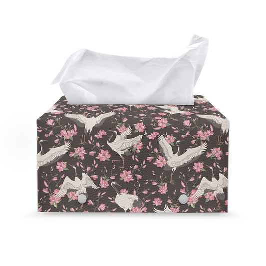 Crane Bird And Flower Pattern Print Leather Tissue Box Cover