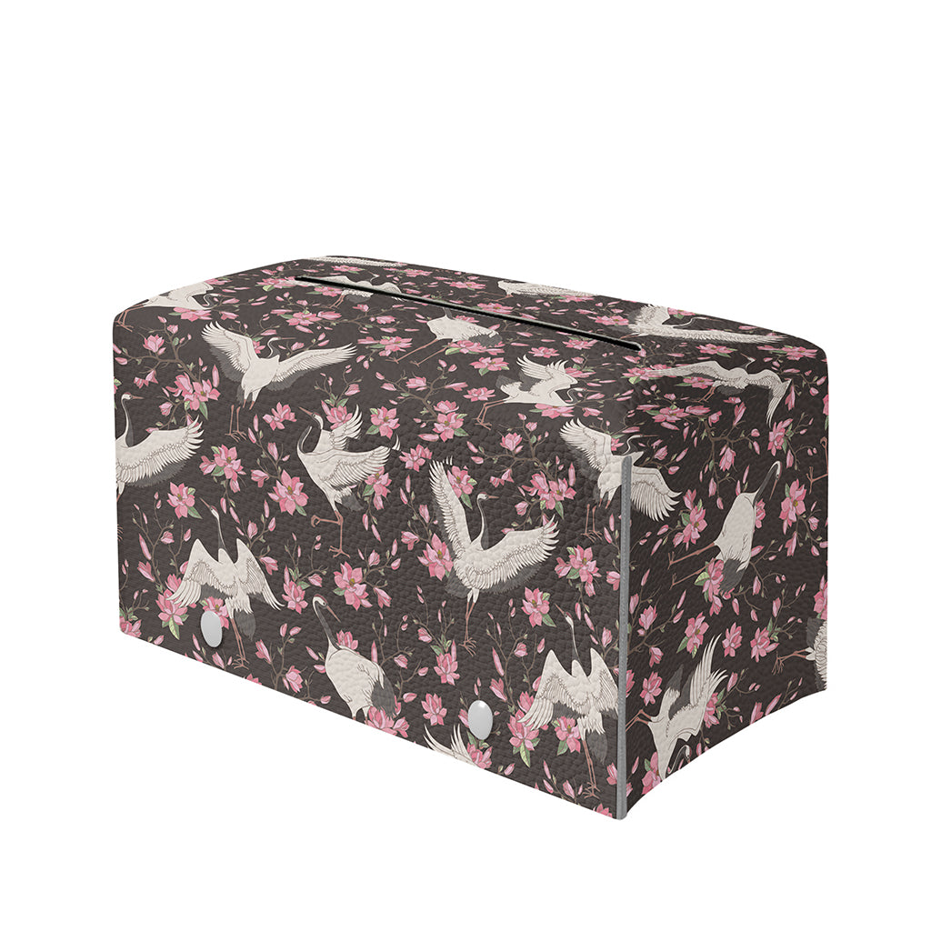 Crane Bird And Flower Pattern Print Leather Tissue Box Cover