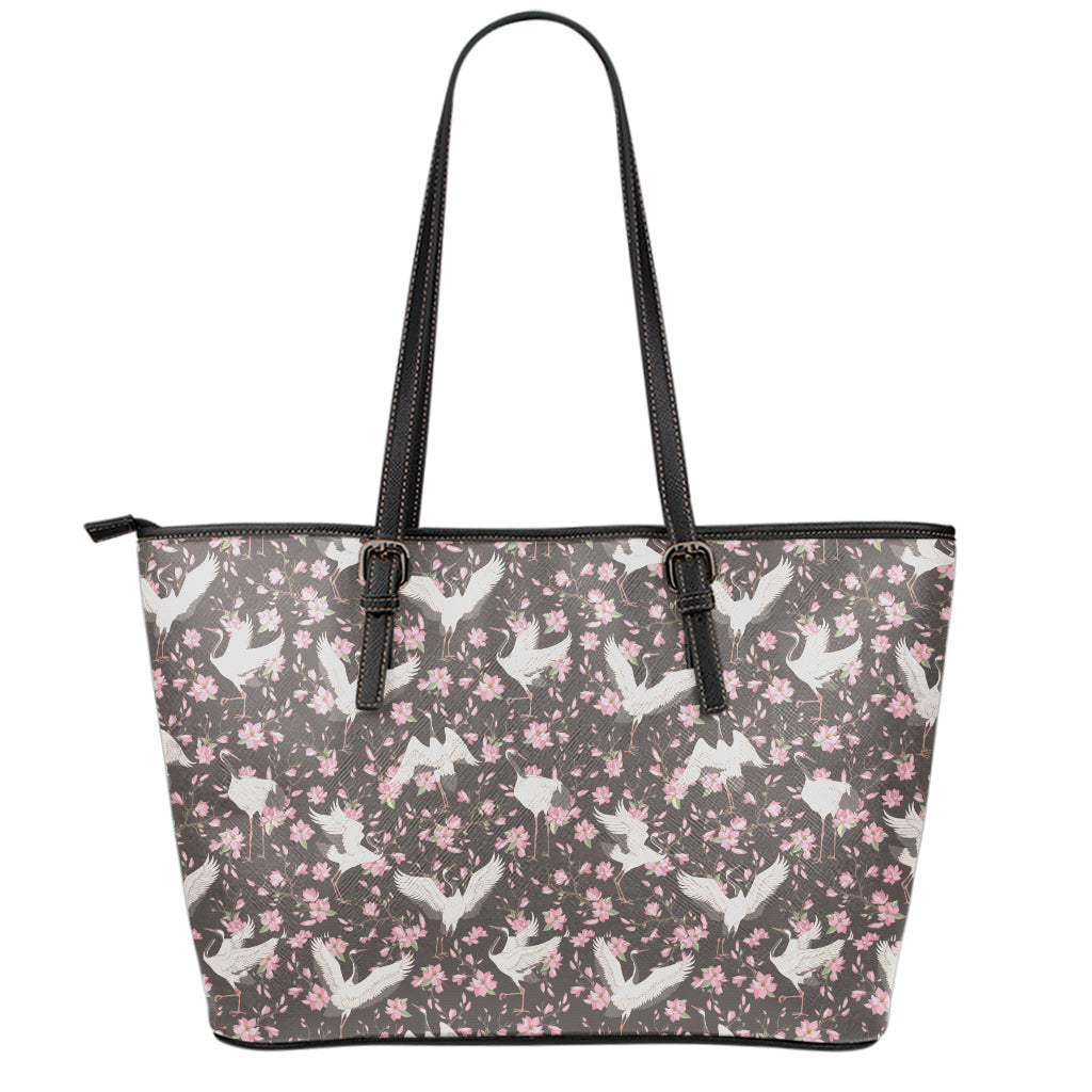 Crane Bird And Flower Pattern Print Leather Tote Bag